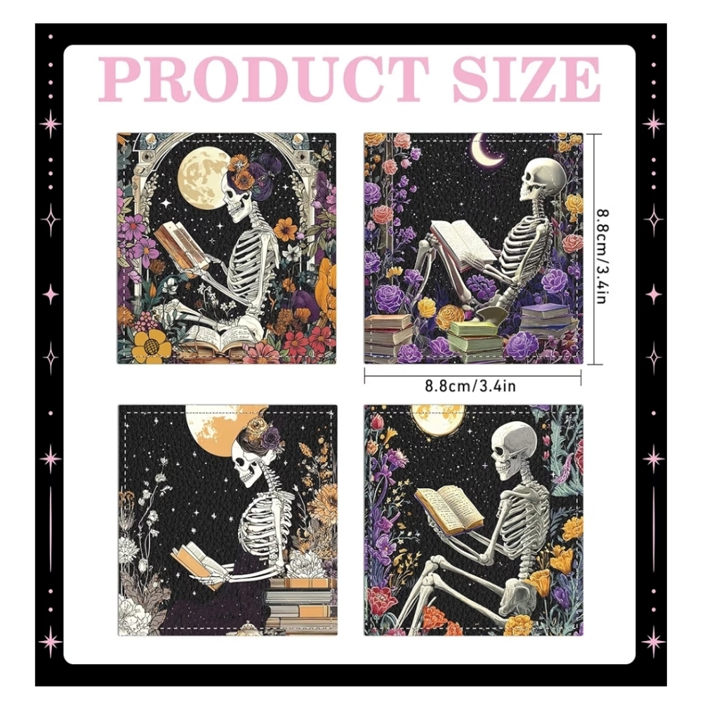 New Leather Floral Skeleton Book Mark Set Of 4 Gothic Reading Office - Picture 3 of 10